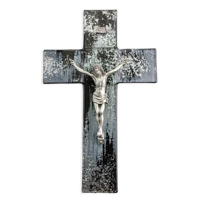 10&quot; Black and Silver Shimmering Glass Cross with Fine Pewter Corpus