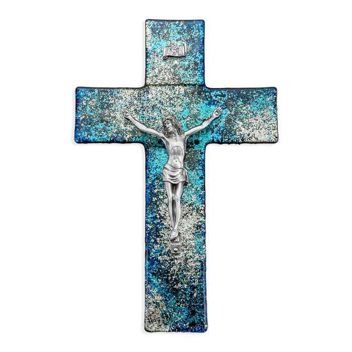 10&quot; Blue and Silver Shimmering Glass Cross with Fine Pewter Corpus