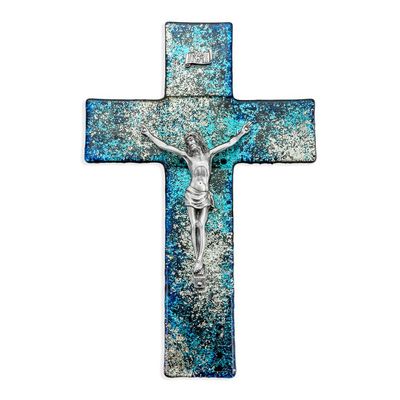 10&quot; Blue and Silver Shimmering Glass Cross with Fine Pewter Corpus