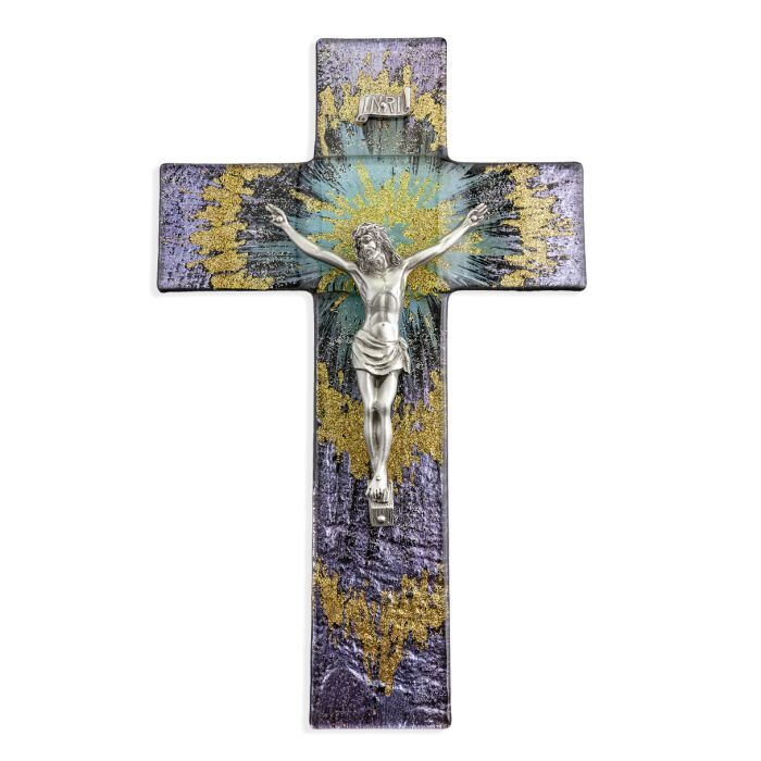 10&quot; Purple and Gold Burst Cross with Fine Pewter Corpus