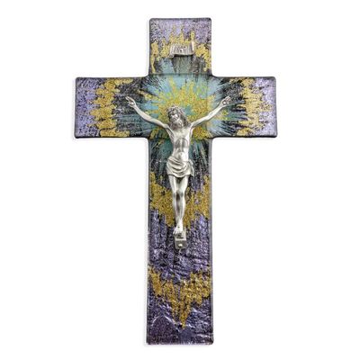 10&quot; Purple and Gold Burst Cross with Fine Pewter Corpus