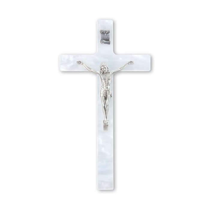 7&quot; Pearlized White Cross with Fine Pewter Corpus