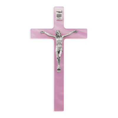 7&quot; Pearlized Pink Cross with Fine Pewter Corpus