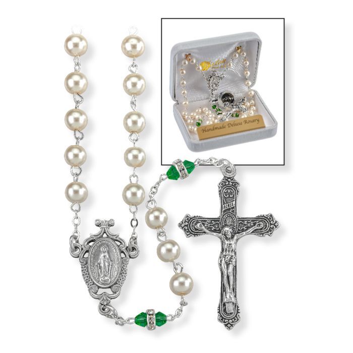 Deluxe May Birthstone Imitation Pearl and Emerald Rosary