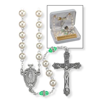 Deluxe August Birthstone Imitation Pearl and Peridot Rosary