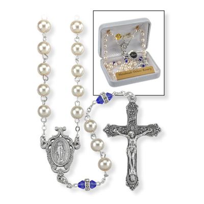 Deluxe September Birthstone Imitation Pearl and Sapphire Rosary