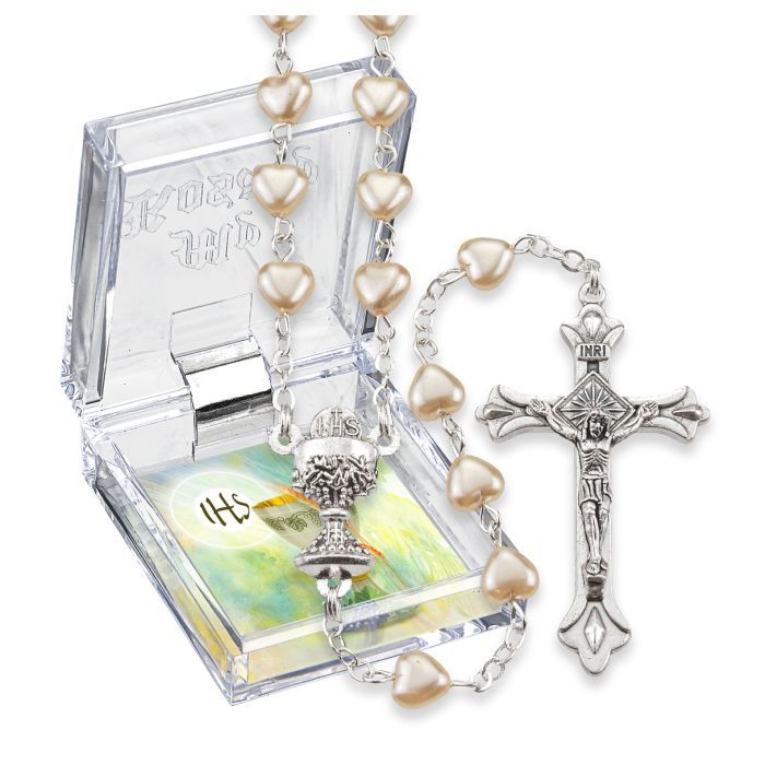 First Communion Rosary- 5mm Cream Glass Hearts