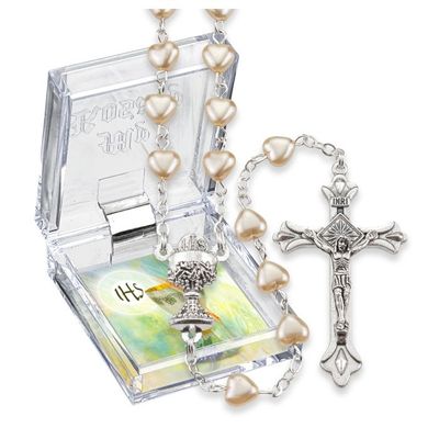 First Communion Rosary- 5mm Cream Glass Hearts