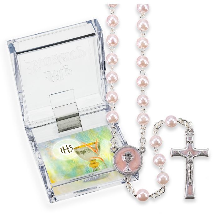 5mm Pink Pearlized Glass Bead First Communion Rosary