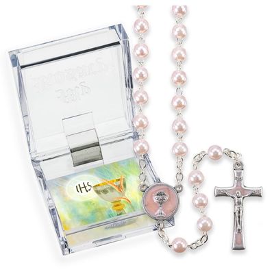 5mm Pink Pearlized Glass Bead First Communion Rosary