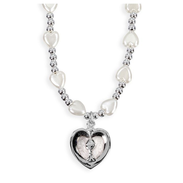 White Heart 16&quot; Necklace with Epoxied Heart with Chalice Pendant