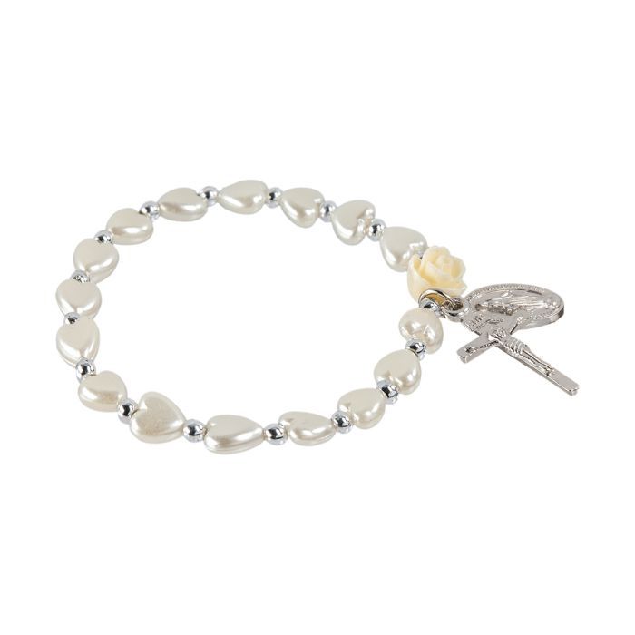 Pearl Heart Beaded Stretch Bracelet with Silver Oxidized Crucifix and Medal