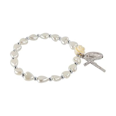 Pearl Heart Beaded Stretch Bracelet with Silver Oxidized Crucifix and Medal