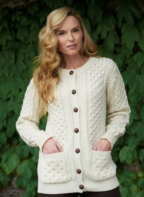 Ladies Cardigan Aran Wool Sweater- Natural