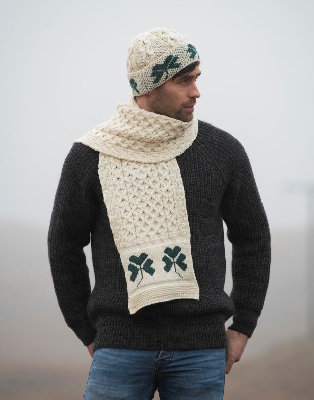 Shamrock Merino Wool Scarf- Natural with Green Shamrocks