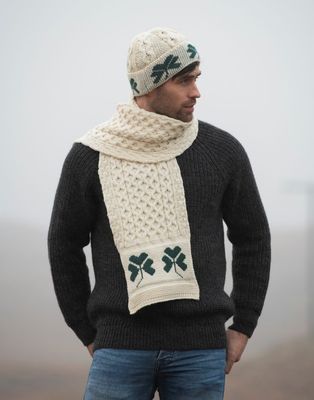 Shamrock Merino Wool Scarf- Natural with Green Shamrocks