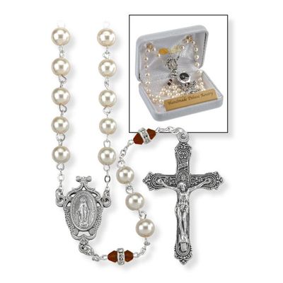 Deluxe January Birthstone Imitation Pearl and Garnet Rosary