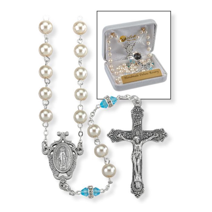 Deluxe March Birthstone Imitation Pearl and Aqua Rosary
