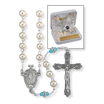 Deluxe March Birthstone Imitation Pearl and Aqua Rosary