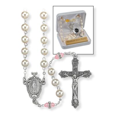 Deluxe October Birthstone Imitation Pearl and Rose Rosary