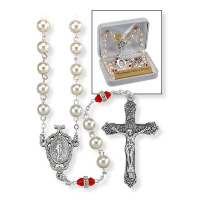 Deluxe July Birthstone Imitation Pearl and Ruby Rosary