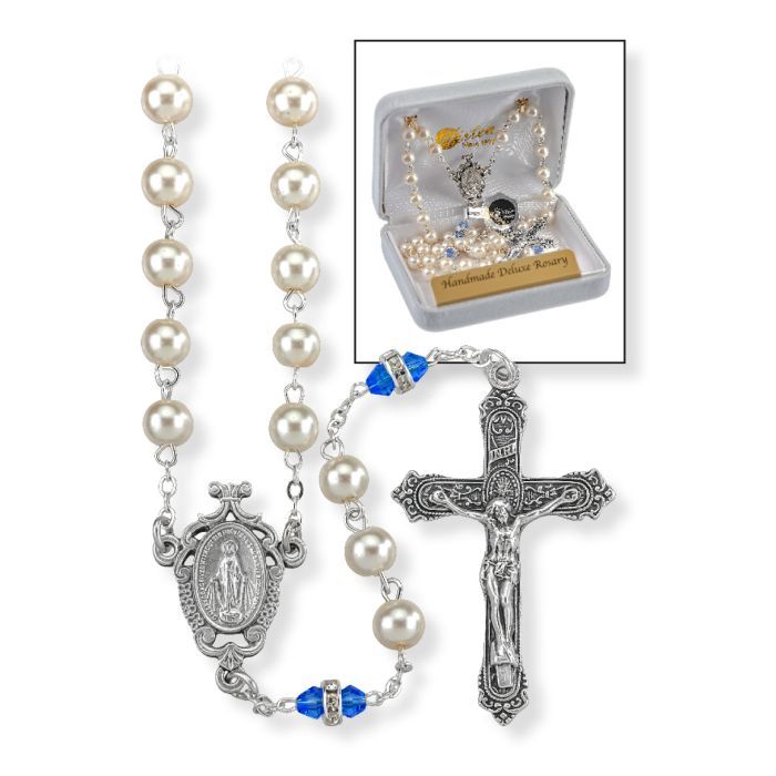 Deluxe December Birthstone Imitation Pearl and Zircon Rosary