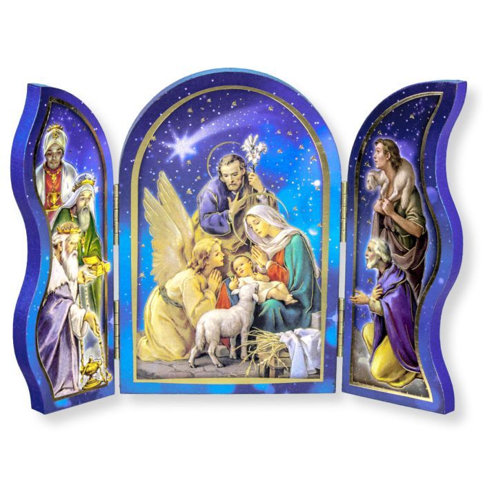 Nativity Scene with Standing Blue Wood Triptych