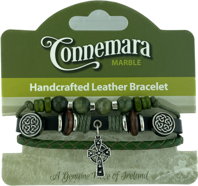 Celtic Cross Charm Leather and Marble Hippy Bracelet