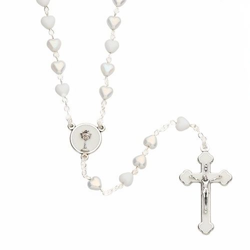 First Communion White Rosary Heart Beads