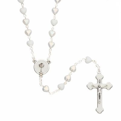 First Communion White Rosary Heart Beads