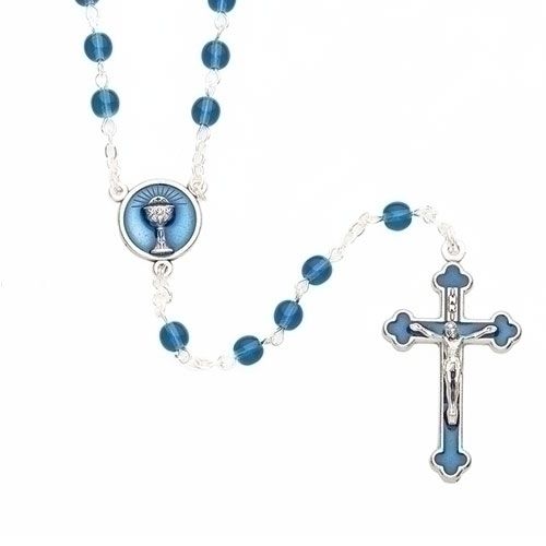 First Communion Blue Rosary Round Beads