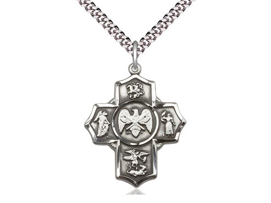 Sterling Silver 5-Way National Guard Pendant on a 24&quot; Light Rhodium Heavy Curb Chain Disc.