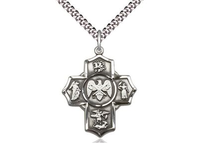 Sterling Silver 5-Way National Guard Pendant on a 24&quot; Light Rhodium Heavy Curb Chain Disc.