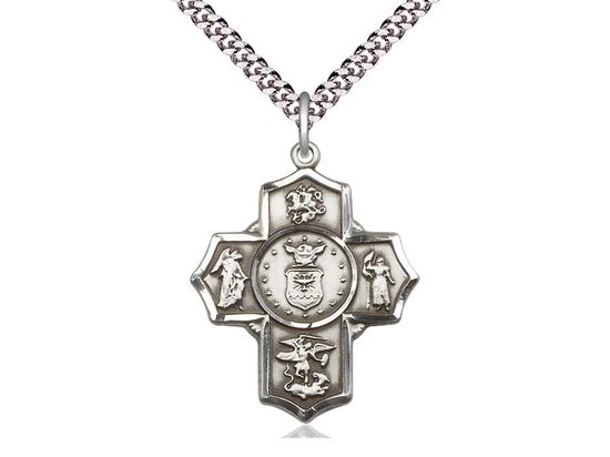 Sterling Silver 5-Way Air Force Pendant on a 24&quot; Light Rhodium Heavy Curb Chain Disc.