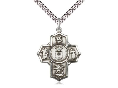 Sterling Silver 5-Way Air Force Pendant on a 24&quot; Light Rhodium Heavy Curb Chain Disc.