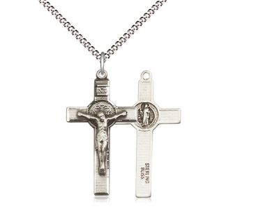 Sterling Silver St Benedict Crucifix Pendant on a 18&quot; Light Rhodium Light Curb Chain
