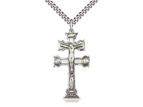 Sterling Silver Caravaca Crucifix Pendant on a 24&quot; Light Rhodium Heavy Curb Chain