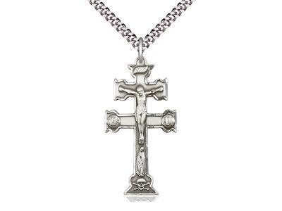 Sterling Silver Caravaca Crucifix Pendant on a 24&quot; Light Rhodium Heavy Curb Chain