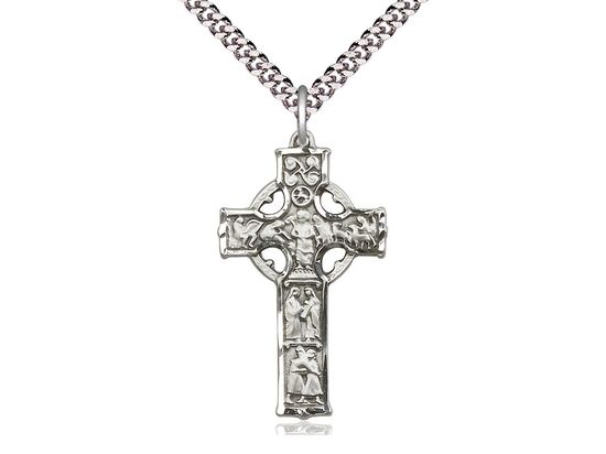 Sterling Silver Celtic Cross Pendant on a 24&quot; Light Rhodium Heavy Curb Chain Disc.