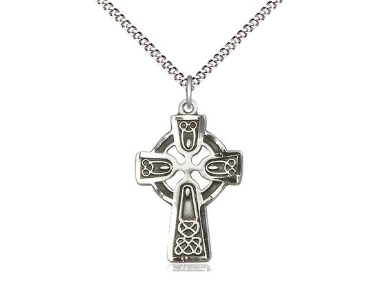 Sterling Silver Celtic Cross on a 18&quot; Light Rhodium Light Curb Chain