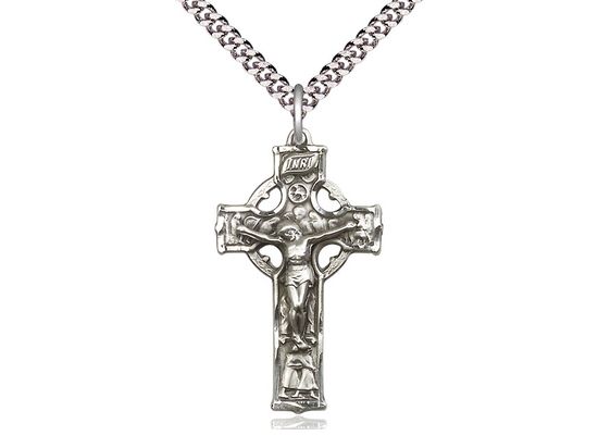 Sterling Silver Celtic Crucifix Pendant on a 24&quot; Light Rhodium Heavy Curb Chain