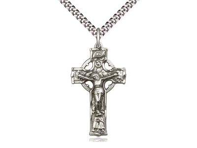 Sterling Silver Celtic Crucifix Pendant on a 24&quot; Light Rhodium Heavy Curb Chain