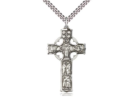 Sterling Silver Celtic Cross Pendant on a 24&quot; Light Rhodium Heavy Curb Chain.