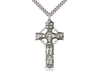 Sterling Silver Celtic Cross Pendant on a 24&quot; Light Rhodium Heavy Curb Chain.