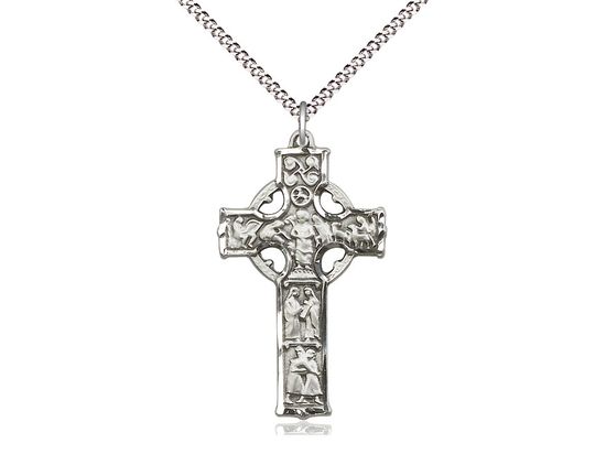 Sterling Silver Celtic Cross Pendant on a 18 inch Light Rhodium Light Curb Chain