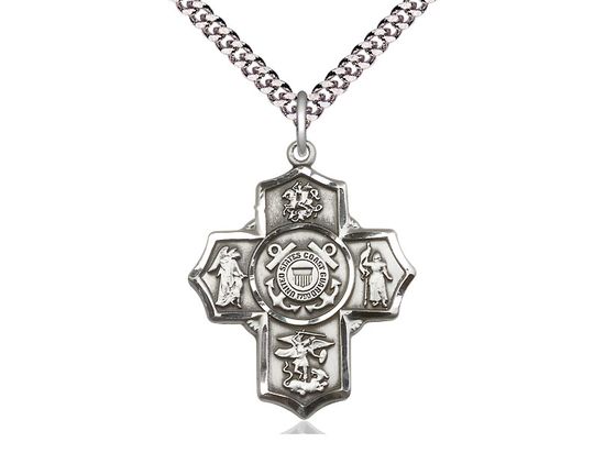 Sterling Silver 5-Way Coast Guard Pendant on a 24&quot; Light Rhodium Heavy Curb Chain Disc.