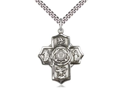 Sterling Silver 5-Way Coast Guard Pendant on a 24&quot; Light Rhodium Heavy Curb Chain Disc.