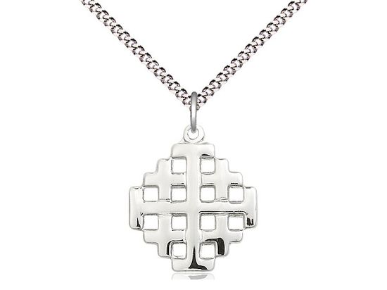 Sterling Silver Jerusalem Cross Pendant on a 18&quot; Light Rhodium Light Curb Chain