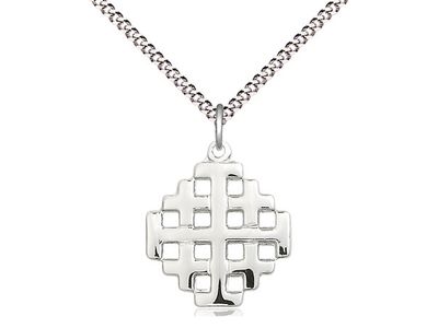 Sterling Silver Jerusalem Cross Pendant on a 18&quot; Light Rhodium Light Curb Chain