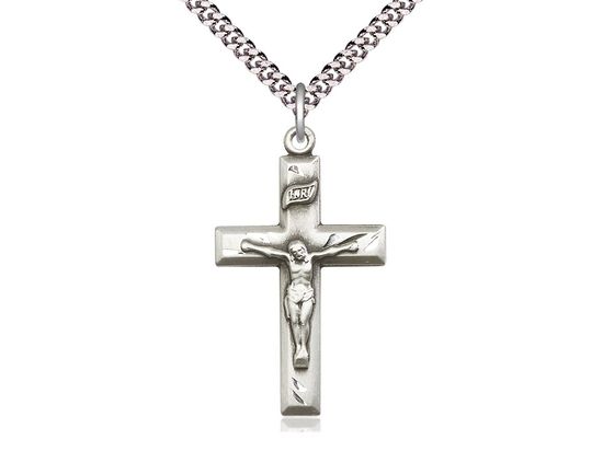 Sterling Silver Crucifix Pendant on a 24&quot; Light Rhodium Heavy Curb Chain